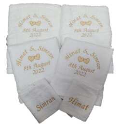 Personalised 6 Piece Wedding Towel Set With Hearts Embroidered Towels 2 Bath Hand & Face 2nd Anniversary Gift Silver Ruby Golden - thumbnail 1