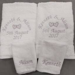 Personalised 6 Piece Wedding Towel Set With Hearts Embroidered Towels 2 Bath Hand & Face 2nd Anniversary Gift Silver Ruby Golden - thumbnail 2