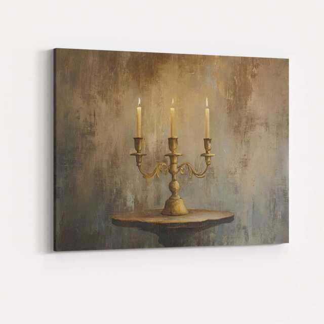 Vintage Brass Three Candle Candelabra Still Life Canvas Wall Art Print Decor Picture Ready To Hang - image 1
