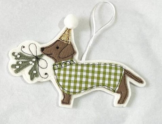 Embroidered Dachshund Christmas Ornament, Gingham Jumper, Mistletoe - image 1