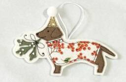 Embroidered Dachshund Christmas Ornament, Gingham Jumper, Mistletoe - thumbnail 2
