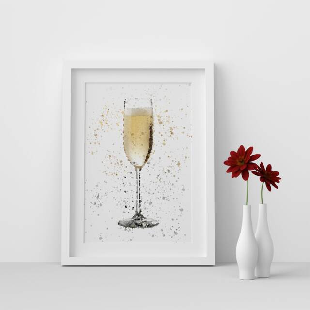 Champagne/Prosecco Flute Glass Watercolour Splash A3, A4, 10x8, 8x6, 5x7 & 4x6 Wall Art Prints - image 1