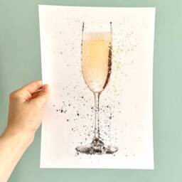Champagne/Prosecco Flute Glass Watercolour Splash A3, A4, 10x8, 8x6, 5x7 & 4x6 Wall Art Prints - thumbnail 2