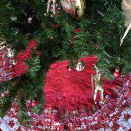 Red Gold Quilted Christmas Tree Skirt, Handmade Village Scene - thumbnail 4