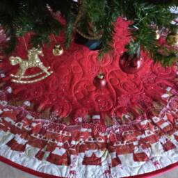 Red Gold Quilted Christmas Tree Skirt, Handmade Village Scene - thumbnail 3