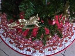 Red Gold Quilted Christmas Tree Skirt, Handmade Village Scene