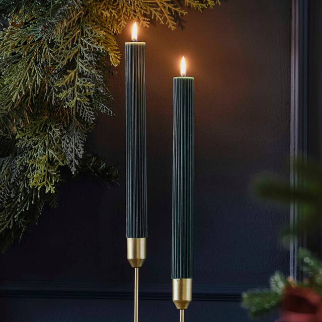 2 X Dark Teal Green Christmas Table Ribbed Dinner Candles/Copper - image 1