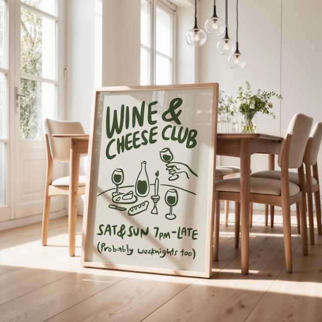 Wine & Cheese Club Print, Poster, Modern Dinning Room Art, Lover Gift, Kitchen Wall Retro Food Green 3037 - image 1