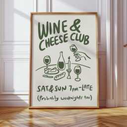 Wine & Cheese Club Print, Poster, Modern Dinning Room Art, Lover Gift, Kitchen Wall Retro Food Green 3037 - thumbnail 2