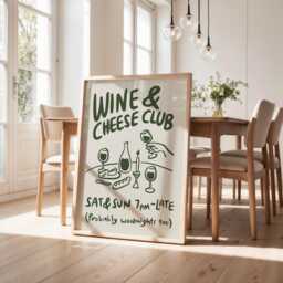 Wine & Cheese Club Print, Poster, Modern Dinning Room Art, Lover Gift, Kitchen Wall Retro Food Green 3037 - thumbnail 1