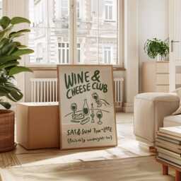 Wine & Cheese Club Print, Poster, Modern Dinning Room Art, Lover Gift, Kitchen Wall Retro Food Green 3037 - thumbnail 3