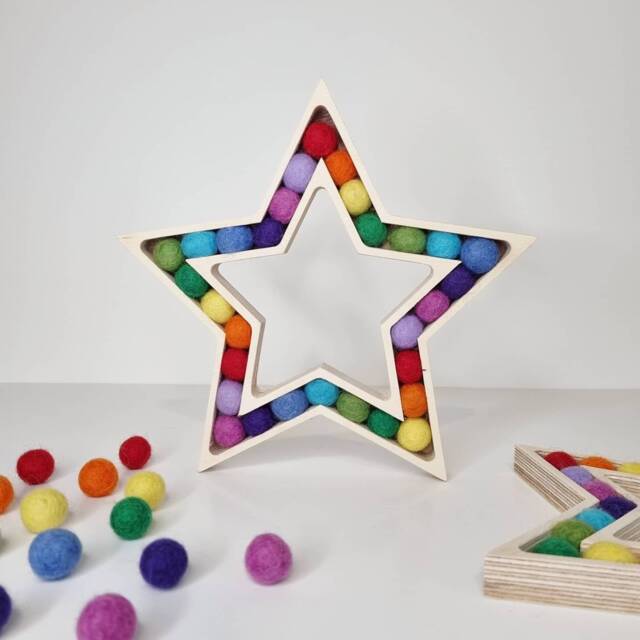 Rainbow Star - Wool Felt Ball Pom Wooden Sustainable Wood Anniversary - image 1