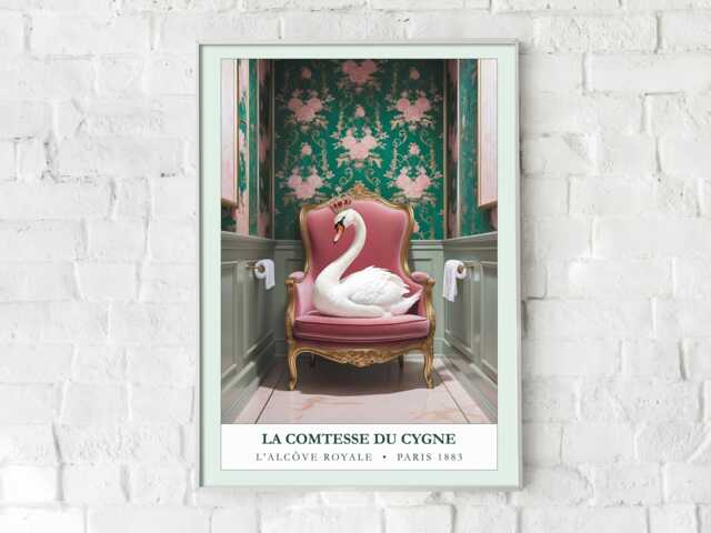 Maximalist Swan Bathroom Art Print Royal Emerald Green Powder Room Decor, Wall - image 1