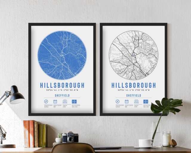 Sheffield Wednesday Hillsborough Minimalist Map Prints & Frames - Owls Gift Decor Football F.c. Dad Granddad Brother Uncle Stadium - image 1