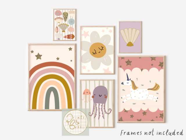 Set Of Bright Rainbow, Ocean & Unicorn Gallery Wall Prints For A Playroom, Bedroom Or Nursery - Prints Only - image 1