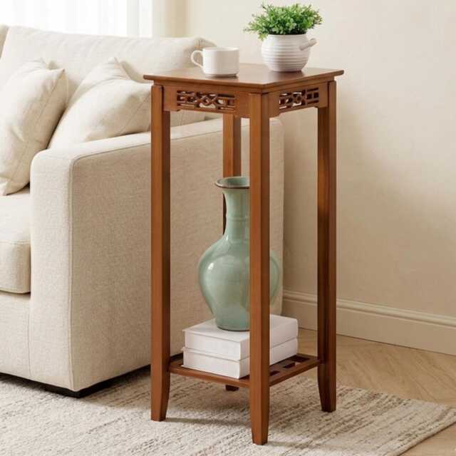 2 Tier Bamboo Plant Stand Indoor Corner Shelf Square Wooden Holder - image 1