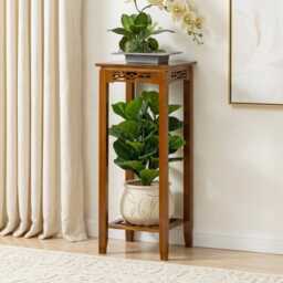 2 Tier Bamboo Plant Stand Indoor Corner Shelf Square Wooden Holder - thumbnail 3