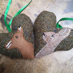 Hand Crafted Harris Tweed Animal Design Embroidered Hanging Heart Decoration - thumbnail 2
