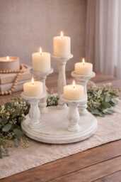 Distressed White Wooden Candle Holder Multi-Tiered Farmhouse Table Centerpiece - thumbnail 1