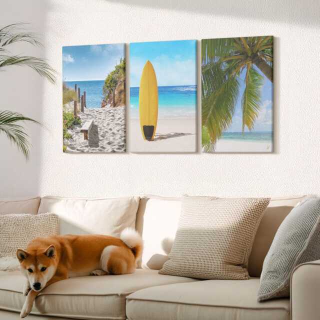 Canvas Set Of 3 Wall Art - Holiday Views The Beach, Waves & Palm Trees in Tropics, Blue Print On Canvas, Landscapes Decor - image 1
