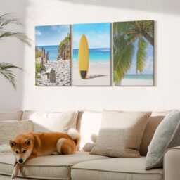 Canvas Set Of 3 Wall Art - Holiday Views The Beach, Waves & Palm Trees in Tropics, Blue Print On Canvas, Landscapes Decor - thumbnail 1
