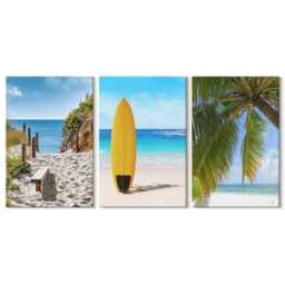 Canvas Set Of 3 Wall Art - Holiday Views The Beach, Waves & Palm Trees in Tropics, Blue Print On Canvas, Landscapes Decor - thumbnail 2