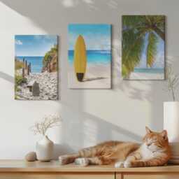 Canvas Set Of 3 Wall Art - Holiday Views The Beach, Waves & Palm Trees in Tropics, Blue Print On Canvas, Landscapes Decor - thumbnail 3