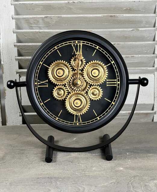Cog Clock Black & Gold Desk Clock On Stand Roman Numerals Behind Glass Styled Animated Design - image 1