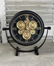 Cog Clock Black & Gold Desk Clock On Stand Roman Numerals Behind Glass Styled Animated Design - thumbnail 1