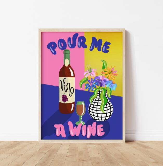 Pour Me A Wine Print, Vintage Art, Retro Kitchen Bar Poster, Dining Room Wall Home Art