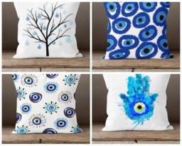 Blue Bead Cushion Cover/Evil Eye Pillow Cover/Good Luck Home Decor/ & White Top/Housewarming Gift/Gift For Her/Patio Textile - thumbnail 1