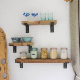 Personalized Solid Oak Shelf Rustic Bent Iron Brackets, Engraved Wood Shelves