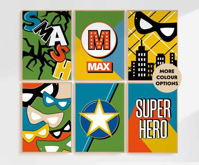 Superhero Gallery Wall Prints, Boys Bedroom Decor, Personalised, Superhero Posters, Playroom Art, Colourful Kids Bright - image 1