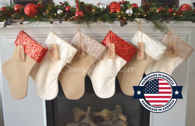 Personalized Burlap Christmas Stocking Sequin Cuff With Velvet Or - image 1