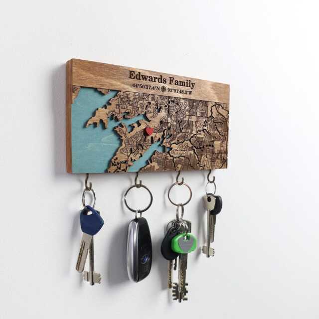 Key Rack With Hooks, Custom Map Organizer, Housewarming Gift - image 1