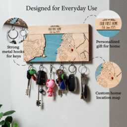 Key Rack With Hooks, Custom Map Organizer, Housewarming Gift - thumbnail 3