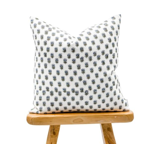 Designer Floral in Olive Green & Blue On Off White Linen Pillow Cover, Cover, Decorative Throw Pillow, Farmhouse Pillow - image 1