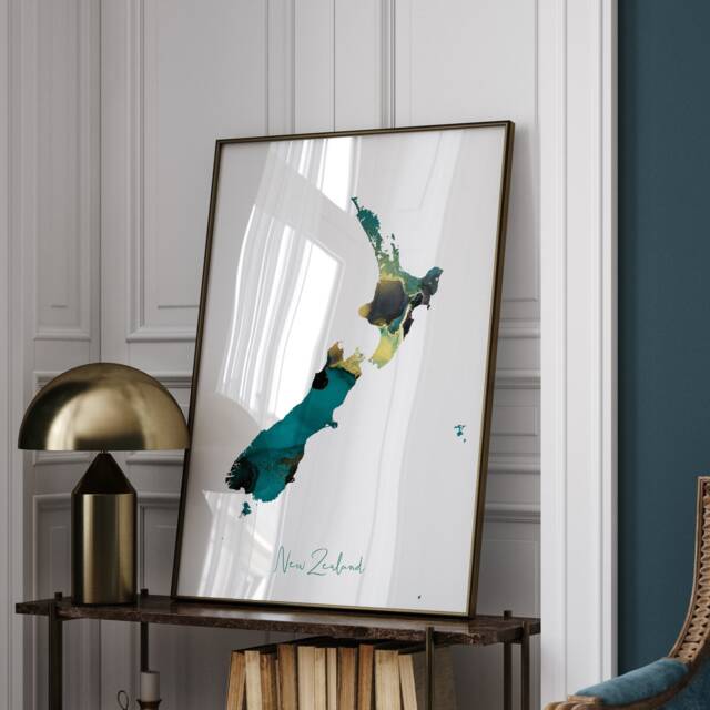New Zealand Map Emerald Green & Gold Wall Art Print - image 1