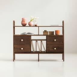 Vinyl Sideboard - Wooden Credenza Mid Century Modern Modular Storage Open Back Custom Size/Finish - thumbnail 4