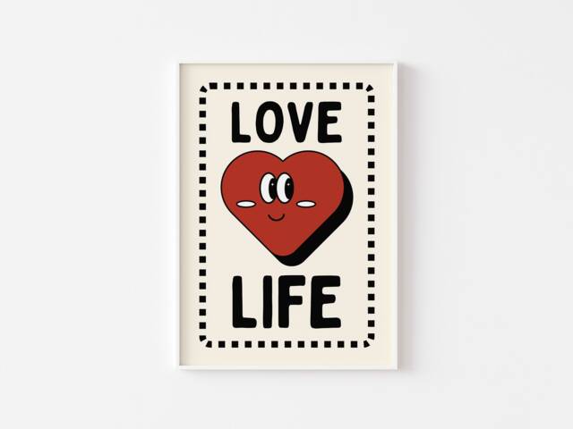 Love Life Retro Heart Character Print - Heart, Funky Cute Mascot Cartoon, 60S 70S Fun Art, Positive Quote, Surreal, Trendy Decor - image 1
