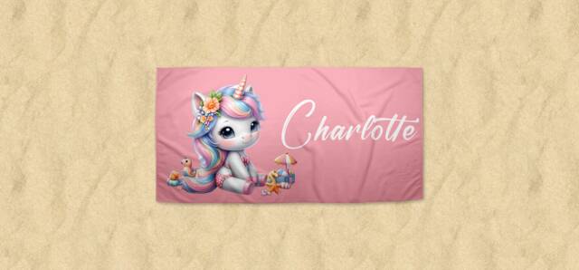 Personalised Kids Children's Unicorn Beach Towel, Pool Custom Swim Holiday Towel Pink - image 1