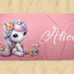 Personalised Kids Children's Unicorn Beach Towel, Pool Custom Swim Holiday Towel Pink - thumbnail 2
