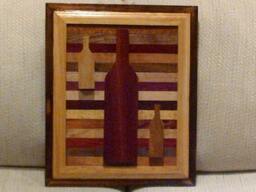 Wood Wall Art Sculpture Featuring 3 Hand Cut Wine Bottle Set in A Variety Of Exotic Hardwood Laminating Strips With Two-Tone Frame - thumbnail 1