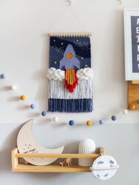 Rocketship Woven Wall Hanging, Space Nursery Decor - image 1