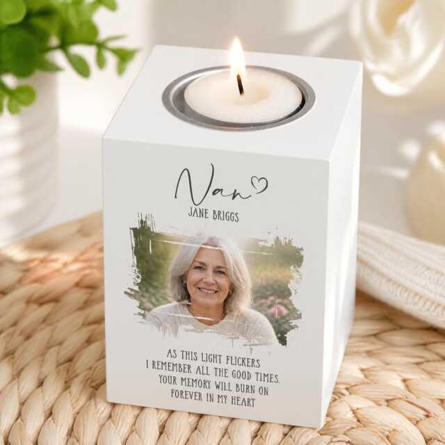 Personalised, Memorial Tea Light Holder - Wood Rectangle Photo Tribute, Name-Dates Keepsake - image 1