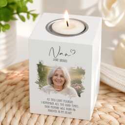 Personalised, Memorial Tea Light Holder - Wood Rectangle Photo Tribute, Name-Dates Keepsake