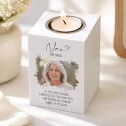 Personalised, Memorial Tea Light Holder - Wood Rectangle Photo Tribute, Name-Dates Keepsake - thumbnail 2