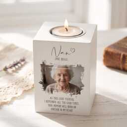 Personalised, Memorial Tea Light Holder - Wood Rectangle Photo Tribute, Name-Dates Keepsake - thumbnail 4