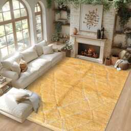 Hand Tufted Yellow Moroccan Rug, Shag Custom Made Carpet, Large Area Berber Rug - thumbnail 2