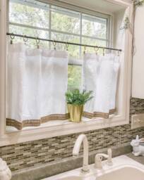 New White Cafe Curtain With Burlap Trimming, Curtains, Tassel , Farmhouse Decor, Pom Teir - thumbnail 1